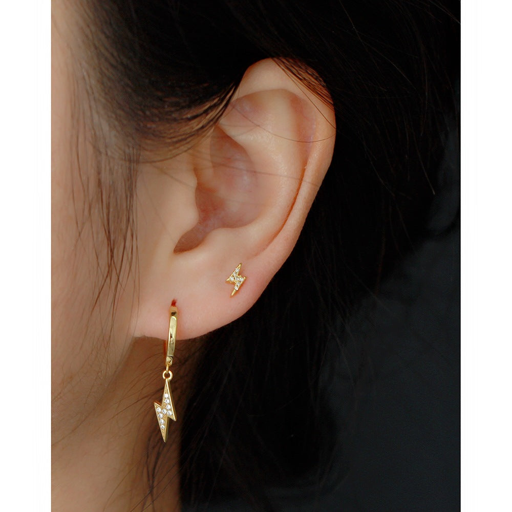 Pendientes de aro de plata de ley 925 con relámpago, incrustaciones de diamantes de imitación para mujer, estilo urbano