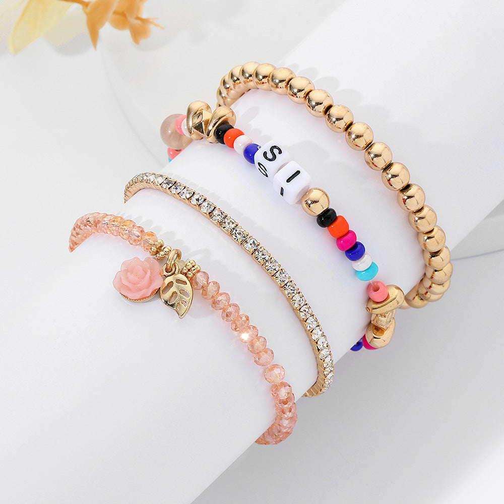Minimalist Colorful Glass Bead Letter Dice and Rose Elastic Bracelet Set