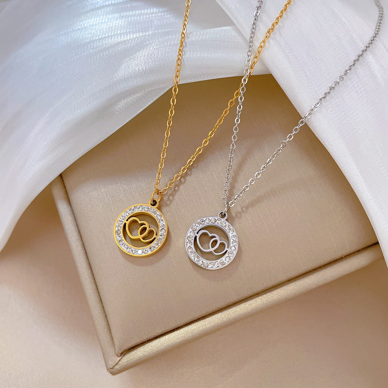 Minimalist Double Ring Heart-Shaped Titanium Steel Necklace with Gold Plating for Women and Men