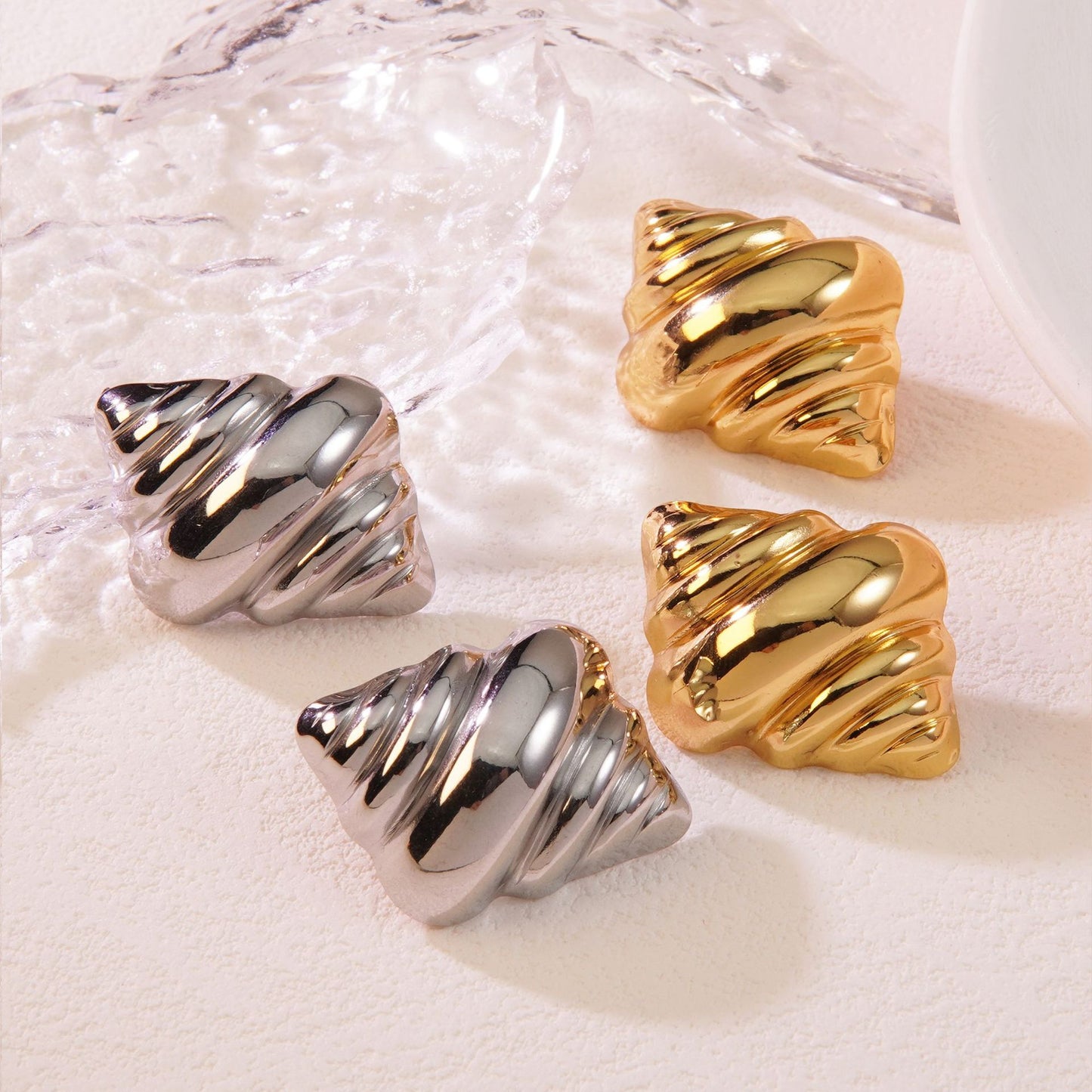 Geometric Hammered Plated Titanium Steel Croissant Ice Cream Stud Earrings for Women