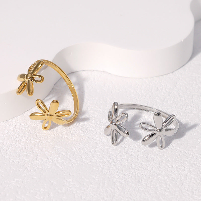 Minimalist Daisy Floral Open Adjustable Ring in Stainless Steel with Plated Finish for Women