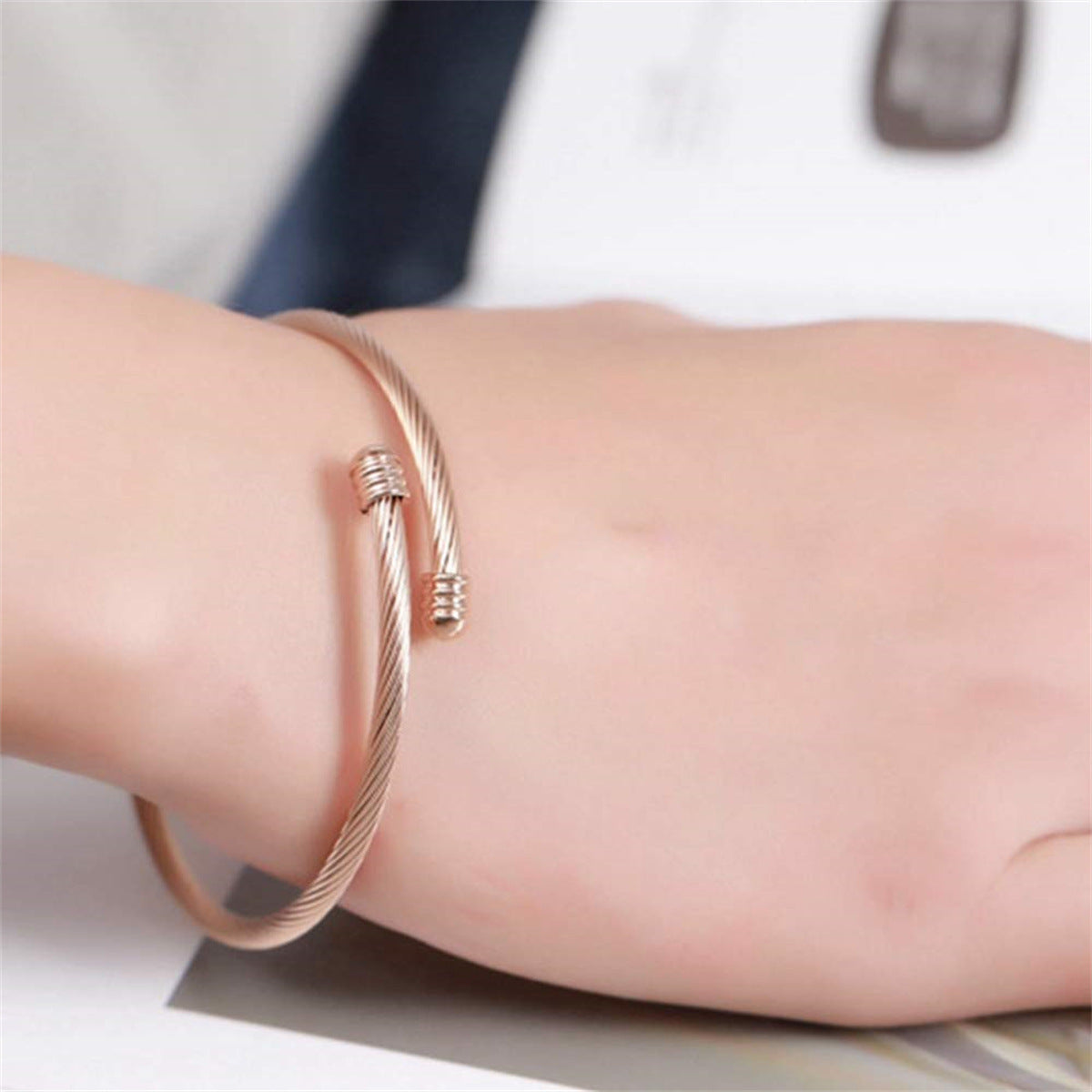 Minimalist Stainless Steel Wire Open Cuff Bracelet with Polished Finish Adjustable for Women