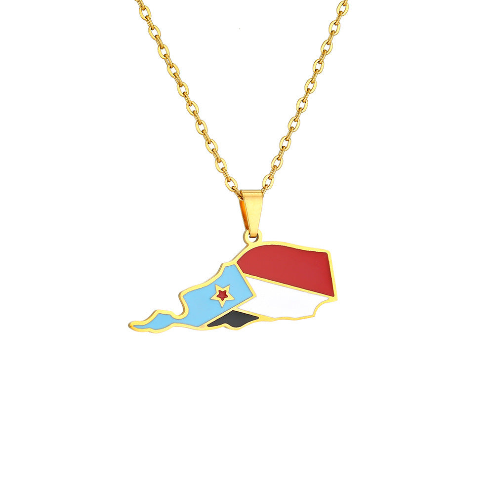 Collana con Pendente a Mappa dello Yemen Geometrica Stile Etnico in Acciaio Inossidabile con Pendente in Acciaio al Titanio e Finitura Elettroplaccata su Catena a Maglie O