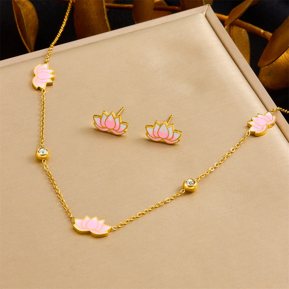 Minimalist Gradient Pink Lotus Rhinestone Drip Oil Stainless Steel Necklace Earring Bracelet Set with Cable Chain