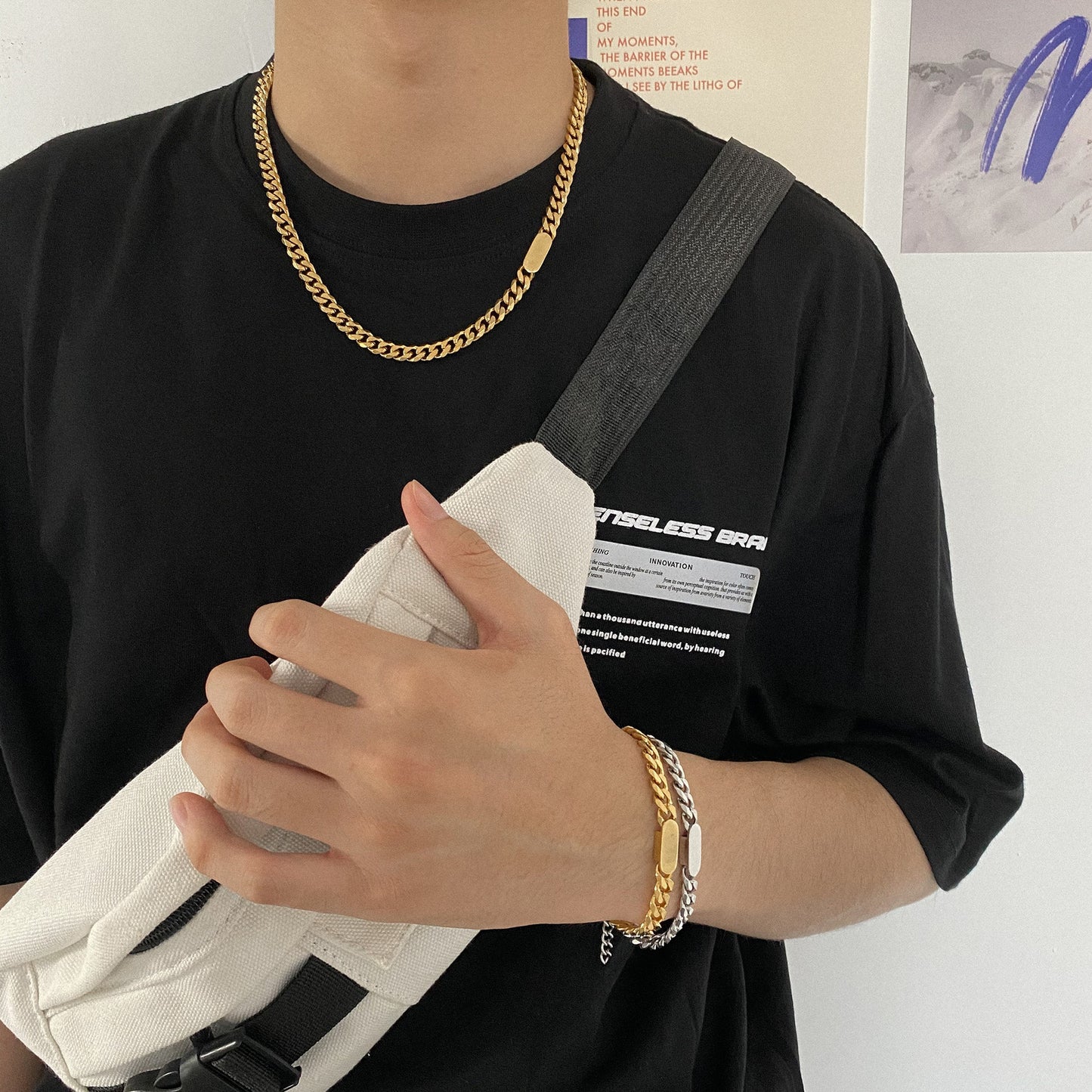 Unisex Retro Hip-Hop Polished Titanium Steel U-Shape Spliced Cuban Chain Necklace