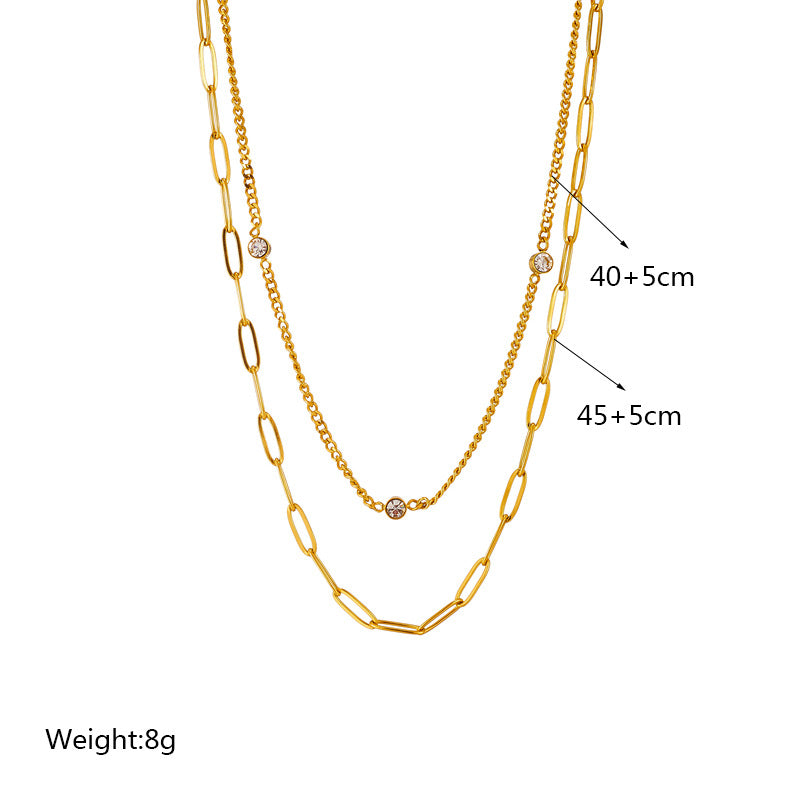 Minimalist Geometric Double-Layer Rhinestone-Embellished Titanium Steel Hip-Hop Punk Necklace for Women