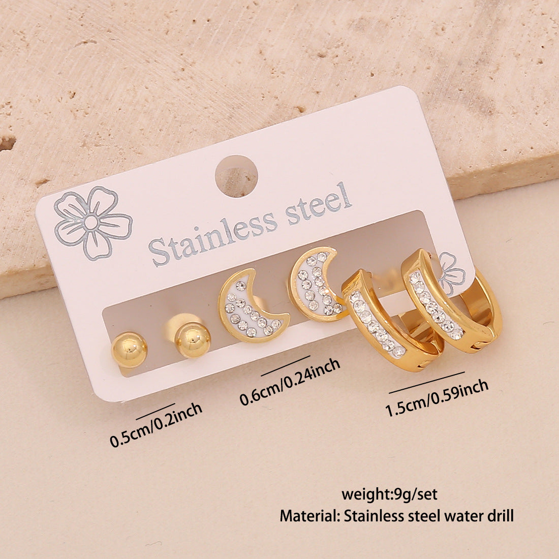 Orecchini a perno da donna a forma di cuore, stella, luna in acciaio inossidabile alla moda con intarsio completo di strass