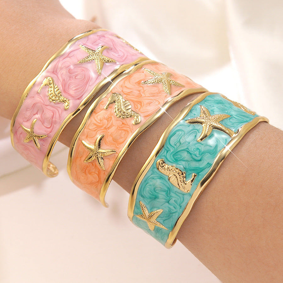 Elegant Drip Oil Stainless Steel Animal Cuff Bracelet with Starfish and Seahorse Design