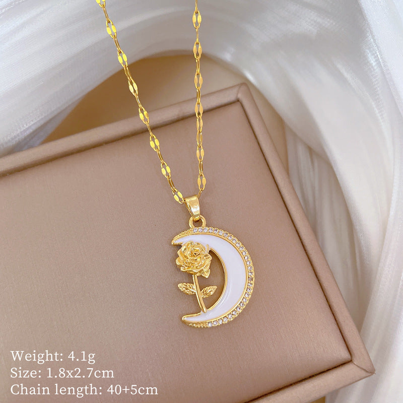 Collar con colgante floral minimalista de luna y rosa para mujer, cadena de acero inoxidable con diseño geométrico