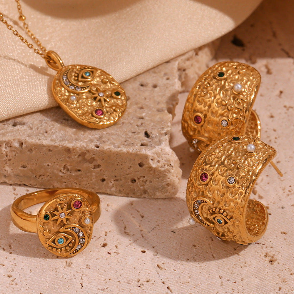 Collana Pendente Geometrica Minimalista Stella e Luna da Donna in Acciaio Inossidabile Placcato Oro 18K
