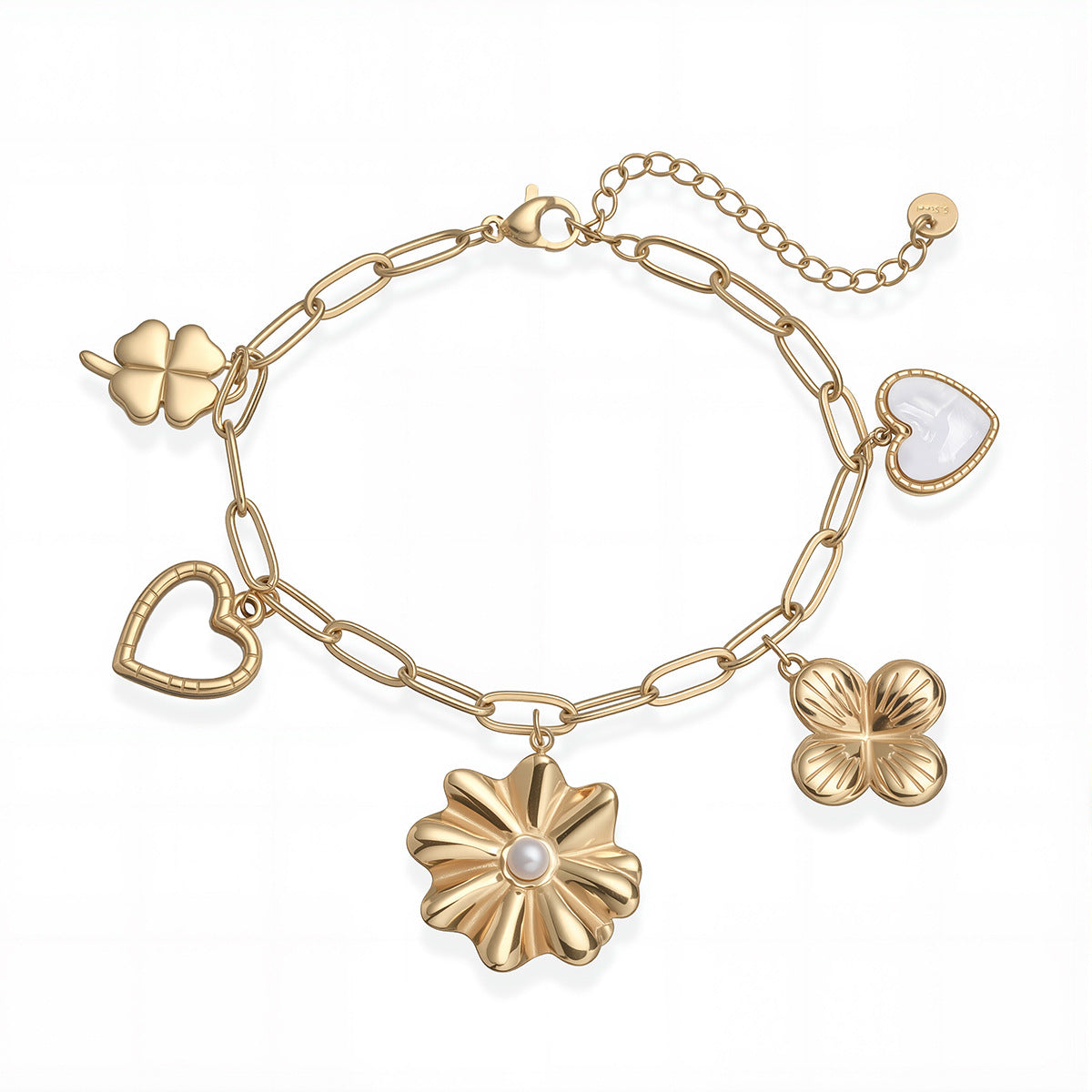 Elegant 18K Gold Plated Floral Heart Geometric Stainless Steel Bracelet for Women