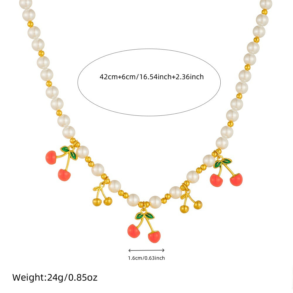 Cherry-Shaped Enamel Pendant Necklace for Women with Stainless Steel Chain Fresh Sweet Everyday Choker