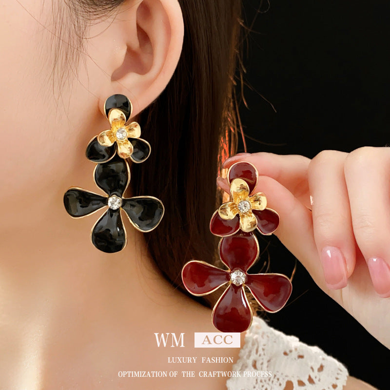 Vintage Floral Earrings with Enamel Finish and Rhinestone Inlay in Alloy with Stainless Steel Posts for Women