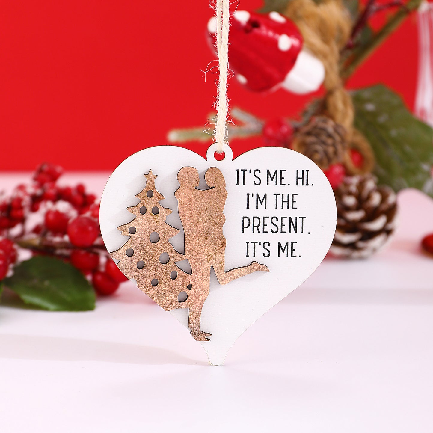 Ciondolo creativo in legno a forma di cuore con testo stampato per feste di Natale, coppie e amici