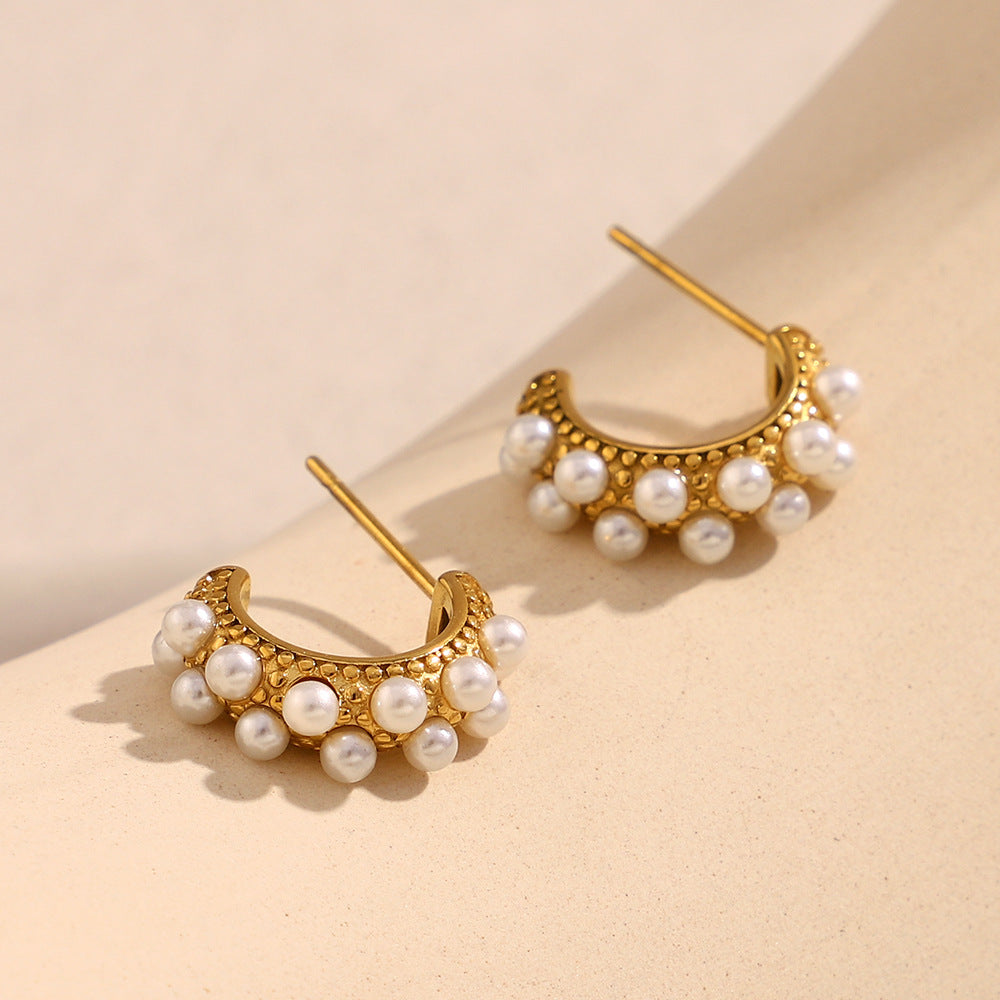 Minimalist Geometric C-Shaped Stainless Steel Earrings with 18K Gold Plating and Simulated Pearl Accents