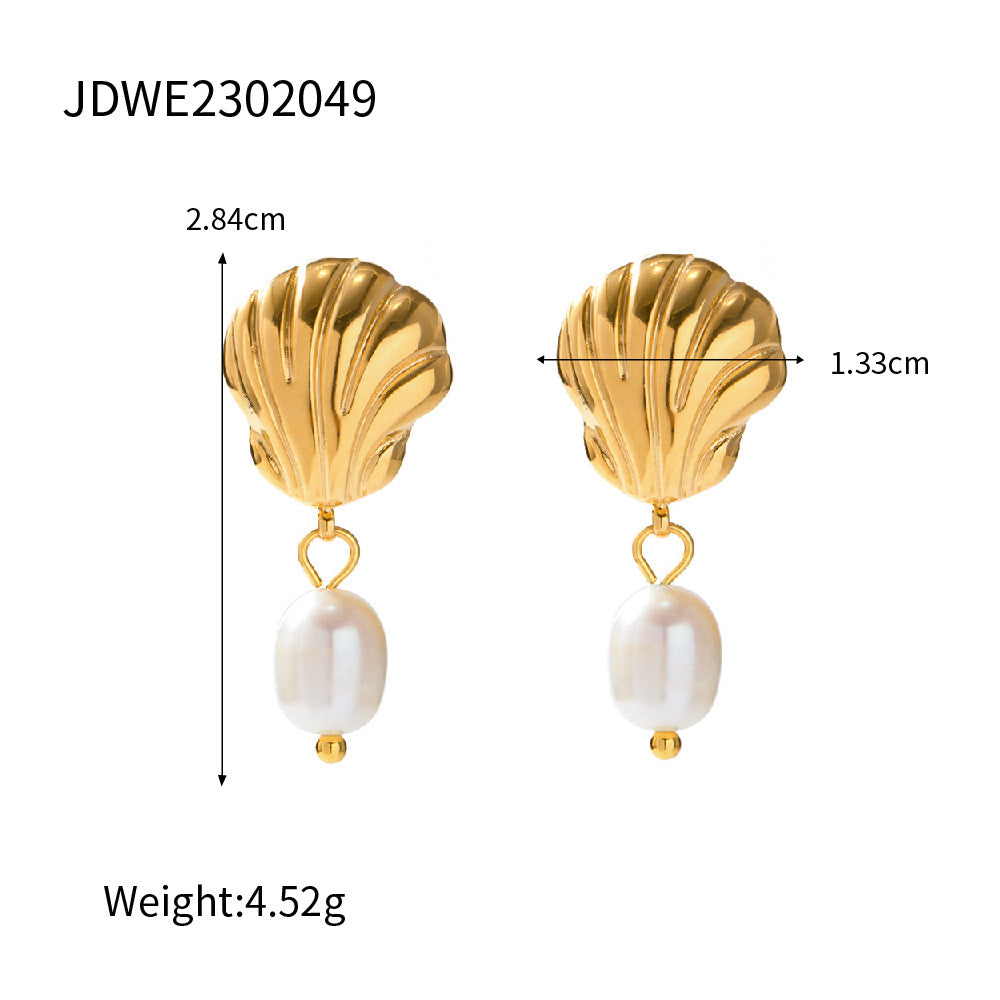 Pendientes geométricos de acero inoxidable con baño de oro y colgante de perla de agua dulce para mujer