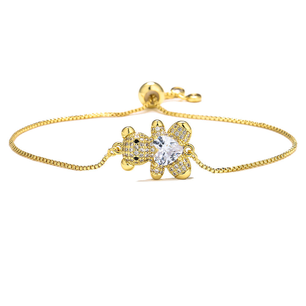 Cute Heart-Shaped Bear Adjustable Drawstring Bracelet for Women in Copper with Zircon Inlay