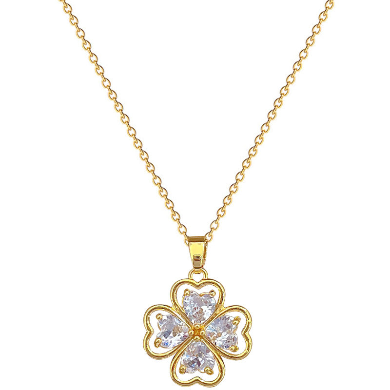 Minimalist Clover Pendant Necklace for Women and Men in Titanium Steel with Gold Plating and Rhinestone Inlay on O-Chain