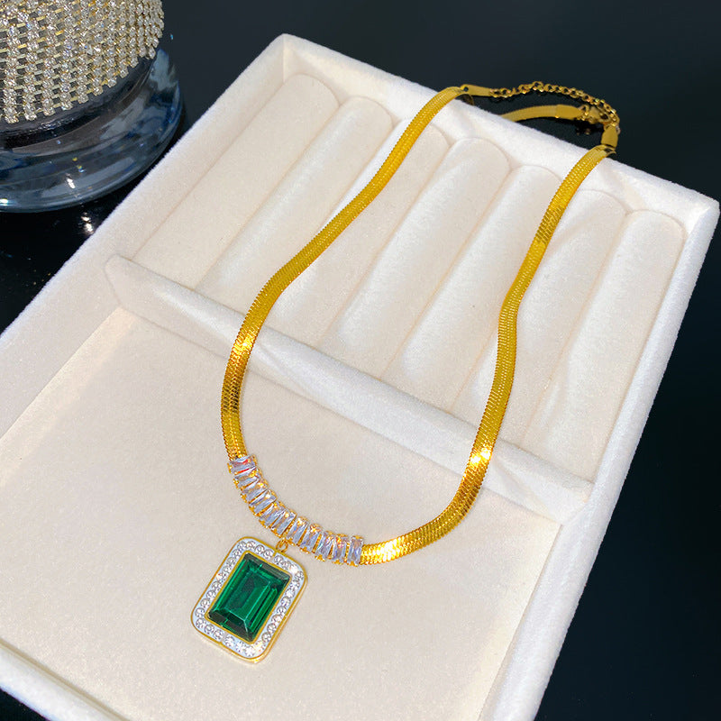 Vintage Geometric Square Plated Titanium Steel Snake Chain Necklace with Cubic Zirconia