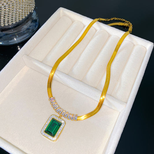 Vintage Geometric Square Plated Titanium Steel Snake Chain Necklace with Cubic Zirconia