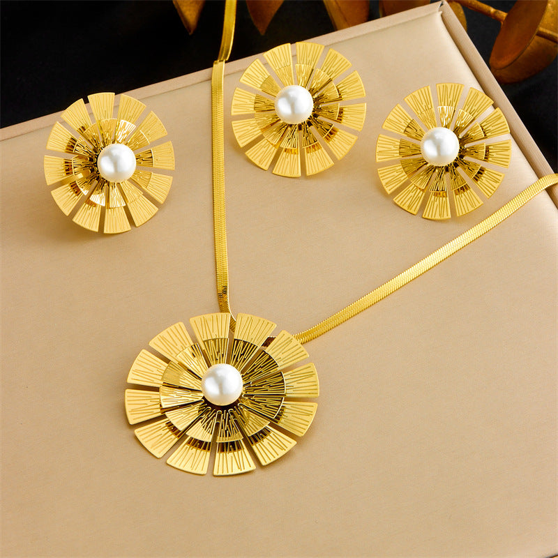 Fashion Business Casual Gold Plated Stainless Steel Floral Pearl Jewelry Set