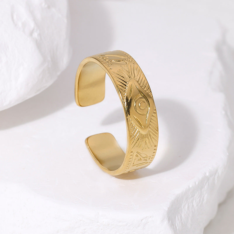 Anello Occhio di Horo Vintage Regolabile in Acciaio Inox con Placcatura Oro 18K e Finitura in Acciaio al Titanio