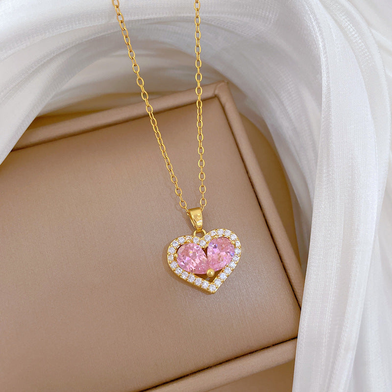 Sweet Minimalist Pink Hollow Heart Rhinestone Inlay Titanium Steel Necklace for Unisex