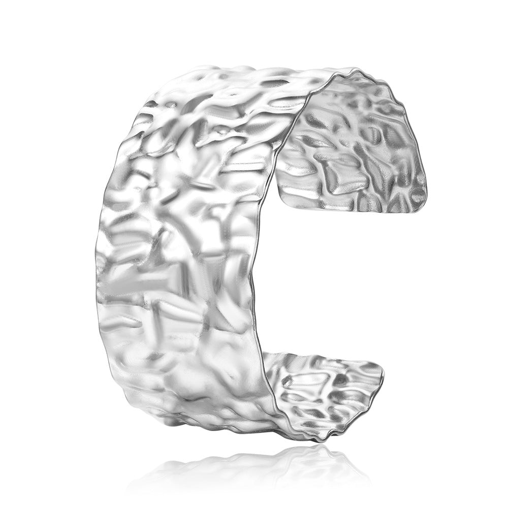 18K Gold Plated Titanium Steel Hammered Textured Geometric Open Cuff Bracelet for Women