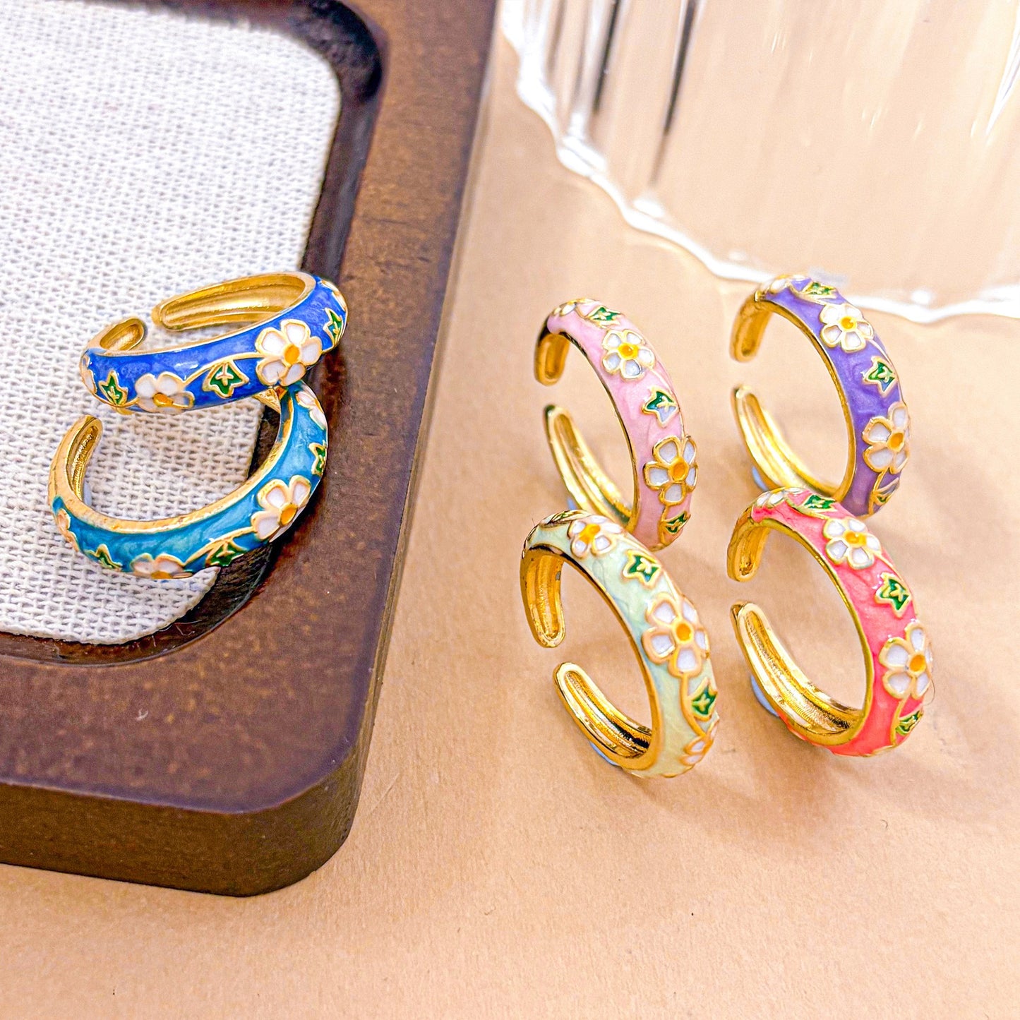 Vintage Sweet Enamel Floral Gold Plated Brass Ring for Women