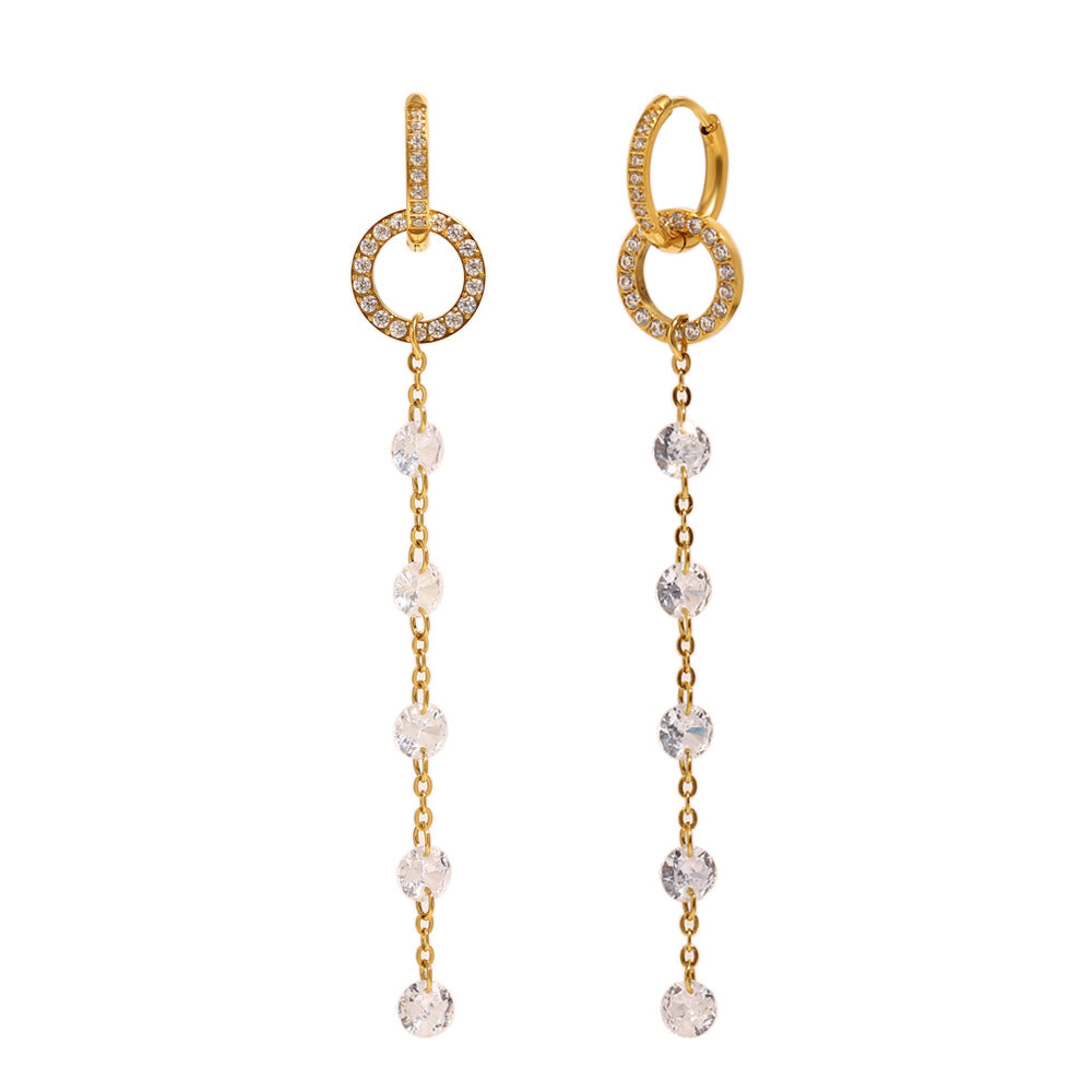 Minimalist Geometric Stainless Steel Earrings with 18K Gold Plating and Zircon Long Fringe for Women