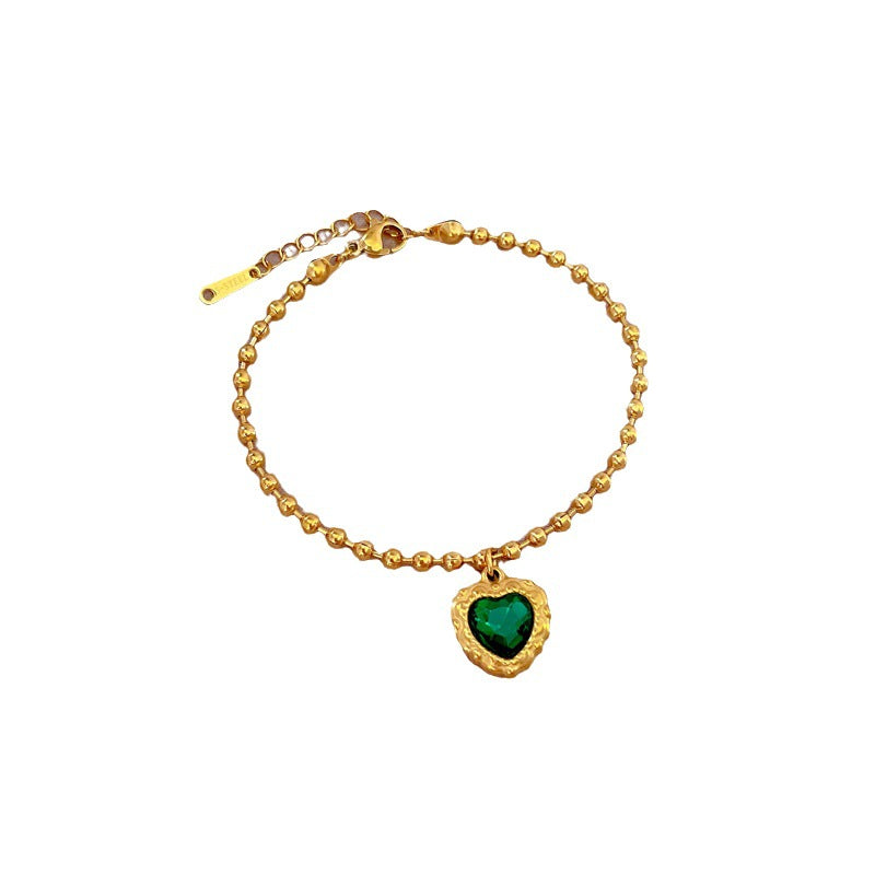 Vintage Green Heart-Shaped Titanium Steel Bracelet for Women with Gold Plating, Ideal Gift for Friends and Travel Souvenirs