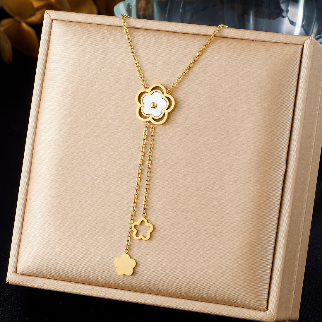 Minimalist Gold Plated Stainless Steel Floral Hollow Tassel Pendant Necklace