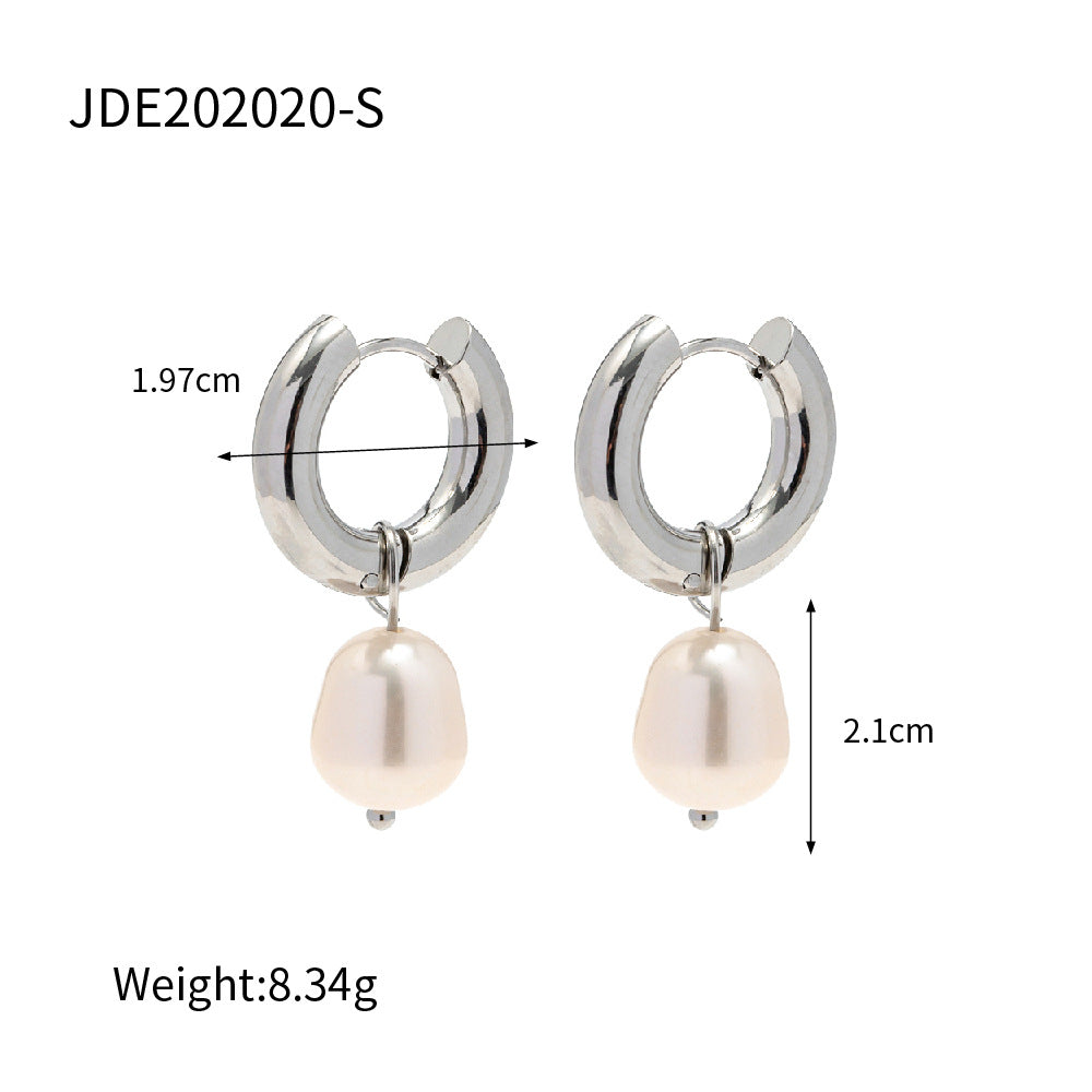 Pendientes minimalistas geométricos de acero inoxidable con colgante de perla natural de agua dulce para mujer