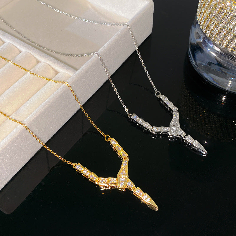 Vintage Minimalist Geometric Titanium Steel Plated Snake Chain Necklace with Cubic Zirconia