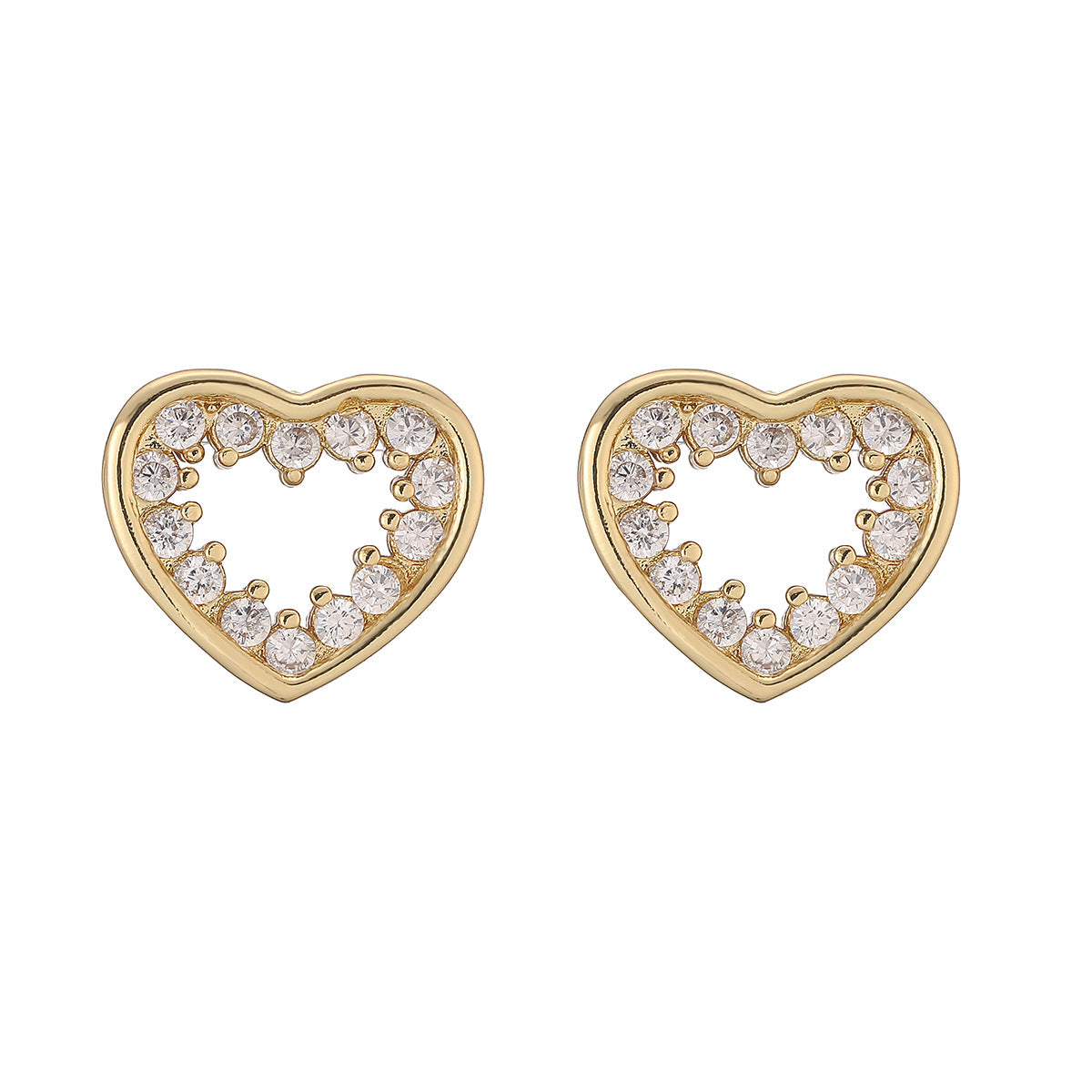 Elegant 18K Gold Plated Brass Heart Stud Earrings with Cubic Zirconia and Pearl Inlay for Women