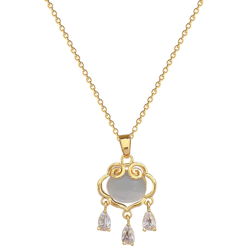 Luxury Titanium Steel Cat's Eye Stone Lucky Lock Pendant Necklace for Women with Full Rhinestone Inlay and Geometric Design for Clavicle Styling