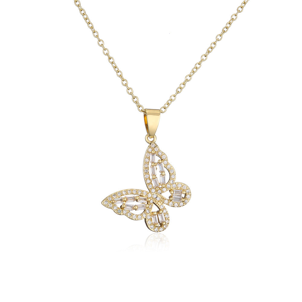 Elegant Gold Plated Brass Geometric Butterfly Necklace with Colorful Square Cubic Zirconia Inlay on Cable Chain