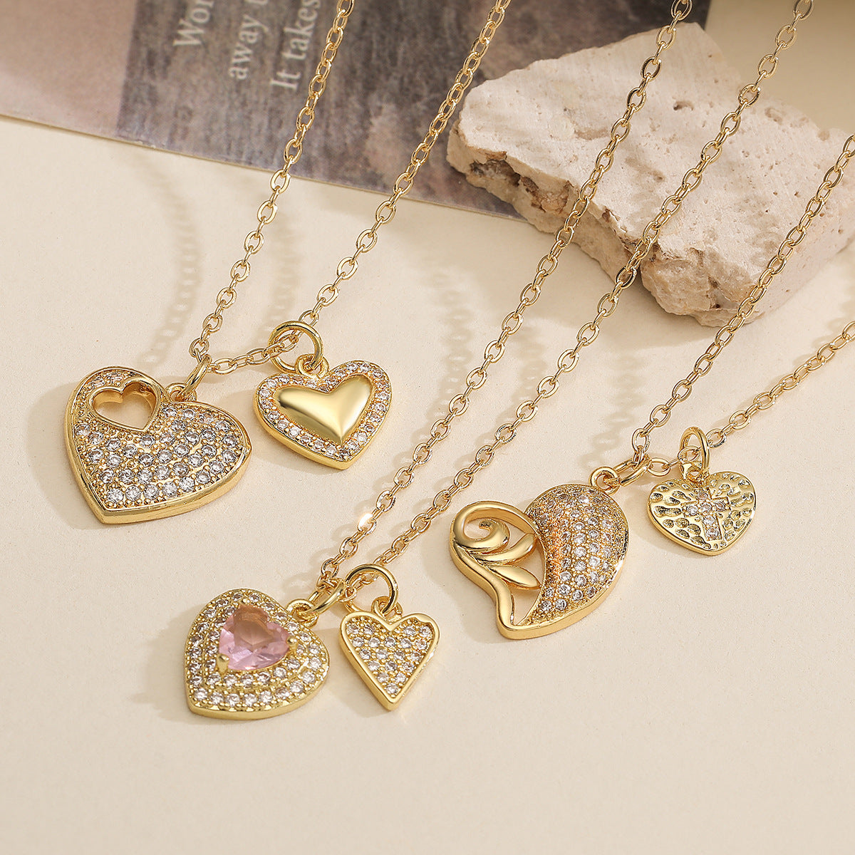 Minimalist Elegant 18K Gold Plated Brass Heart Pendant Necklace with Cubic Zirconia for Women