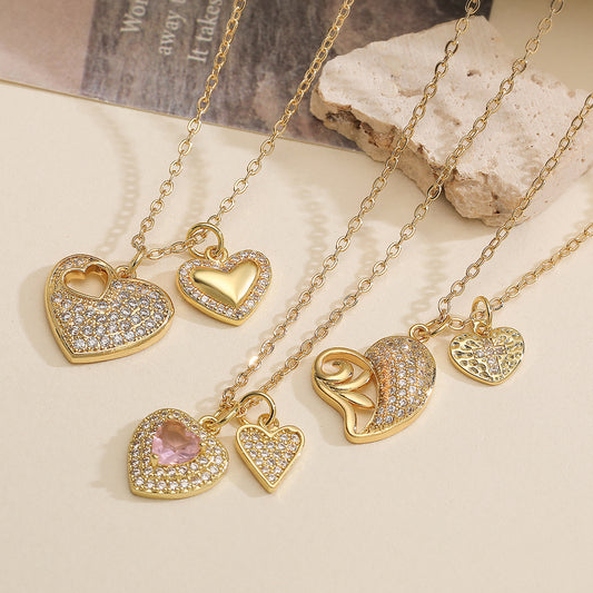 Minimalist Elegant 18K Gold Plated Brass Heart Pendant Necklace with Cubic Zirconia for Women