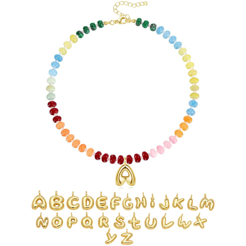 Colorful Abacus Bead Choker Necklace with 26 Bubble Letter Brass Pendants Serpentine Chain Unisex Stone Jewelry