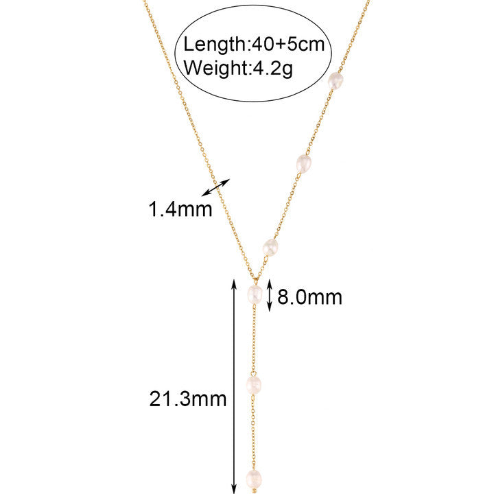 Collana a Y minimalista da donna con catena in acciaio inossidabile e pendente di perla d'acqua dolce