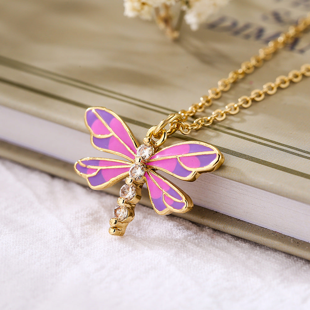 Minimalist Dragonfly-Shaped Enamel Pendant Necklace for Women with Copper Base and 18K Gold Plating
