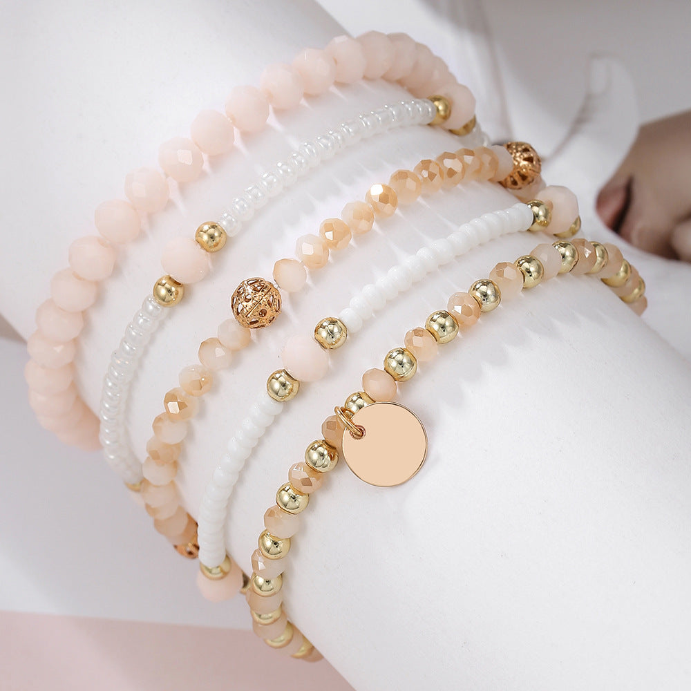 Bohemian Minimalist Geometric Round Glass Bead Alloy Multi-Layer Stretch Bracelet Set for Women