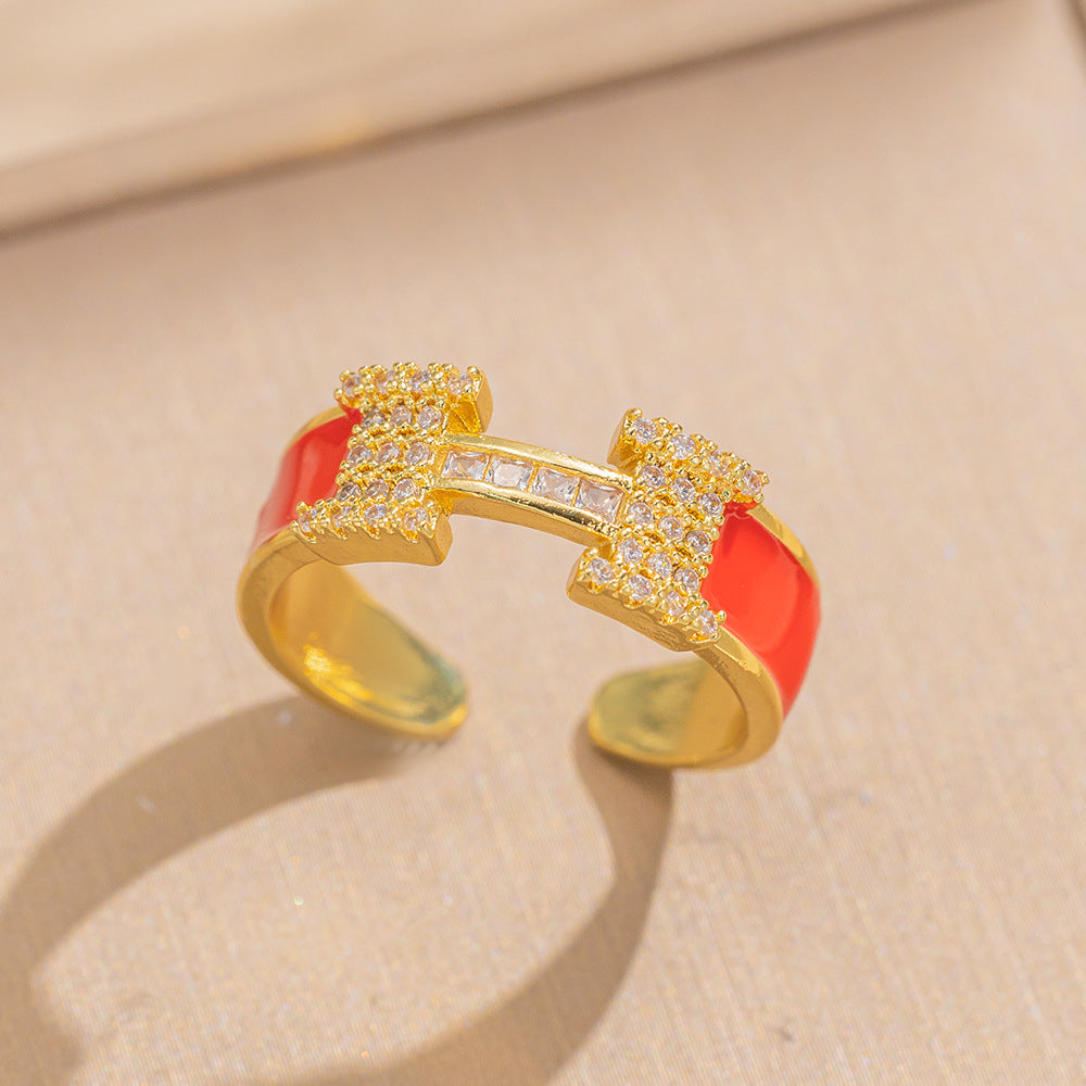 Luxury Minimalist Adjustable Open Ring for Women with Gold-Plated Copper Band and Zircon Stone Accent in Heart and Floral Shape