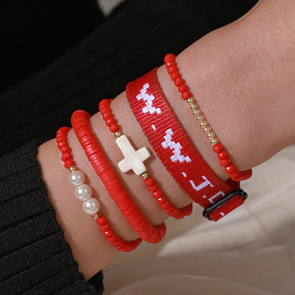 WWJD Letter Cross Turquoise Pearl Crystal Resin Beaded Bracelet Set
