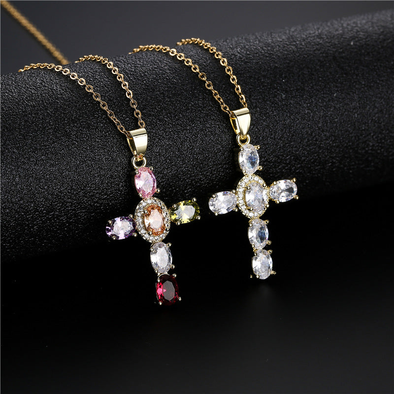 Minimalist Geometric Cross Brass Inlaid Cubic Zirconia Pendant Necklace with Cable Chain for Women