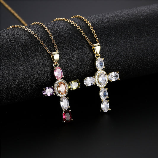Minimalist Geometric Cross Brass Inlaid Cubic Zirconia Pendant Necklace with Cable Chain for Women