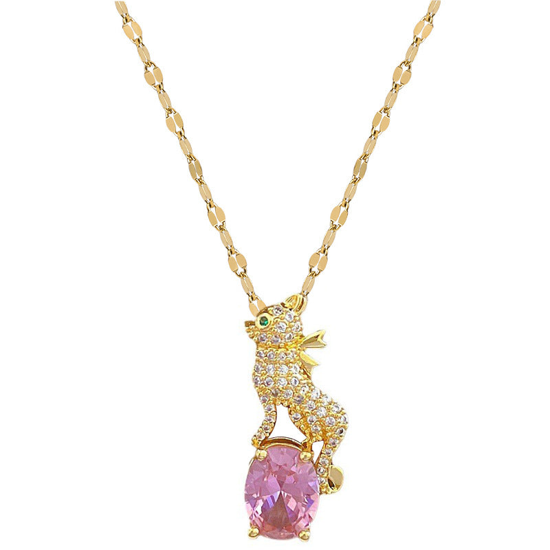 Minimalist Leopard Pendant Necklace for Women and Men Stainless Steel Snake Chain with Rhinestone Inlay Geometric Design