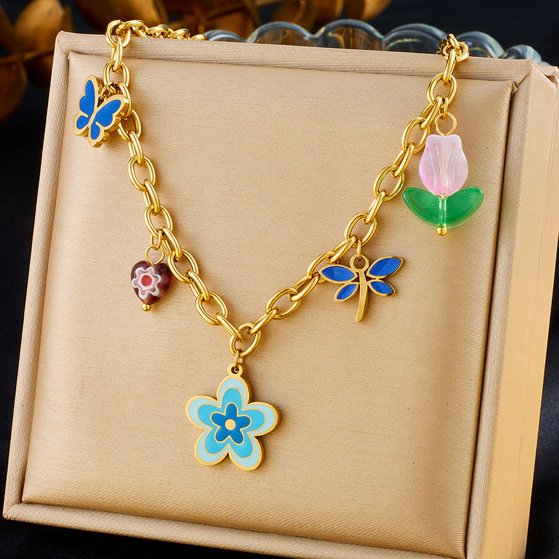 Sweet Colorful Drip Oil Flower Butterfly Pendant Gold Plated Stainless Steel Jewelry Set with Cable Chain
