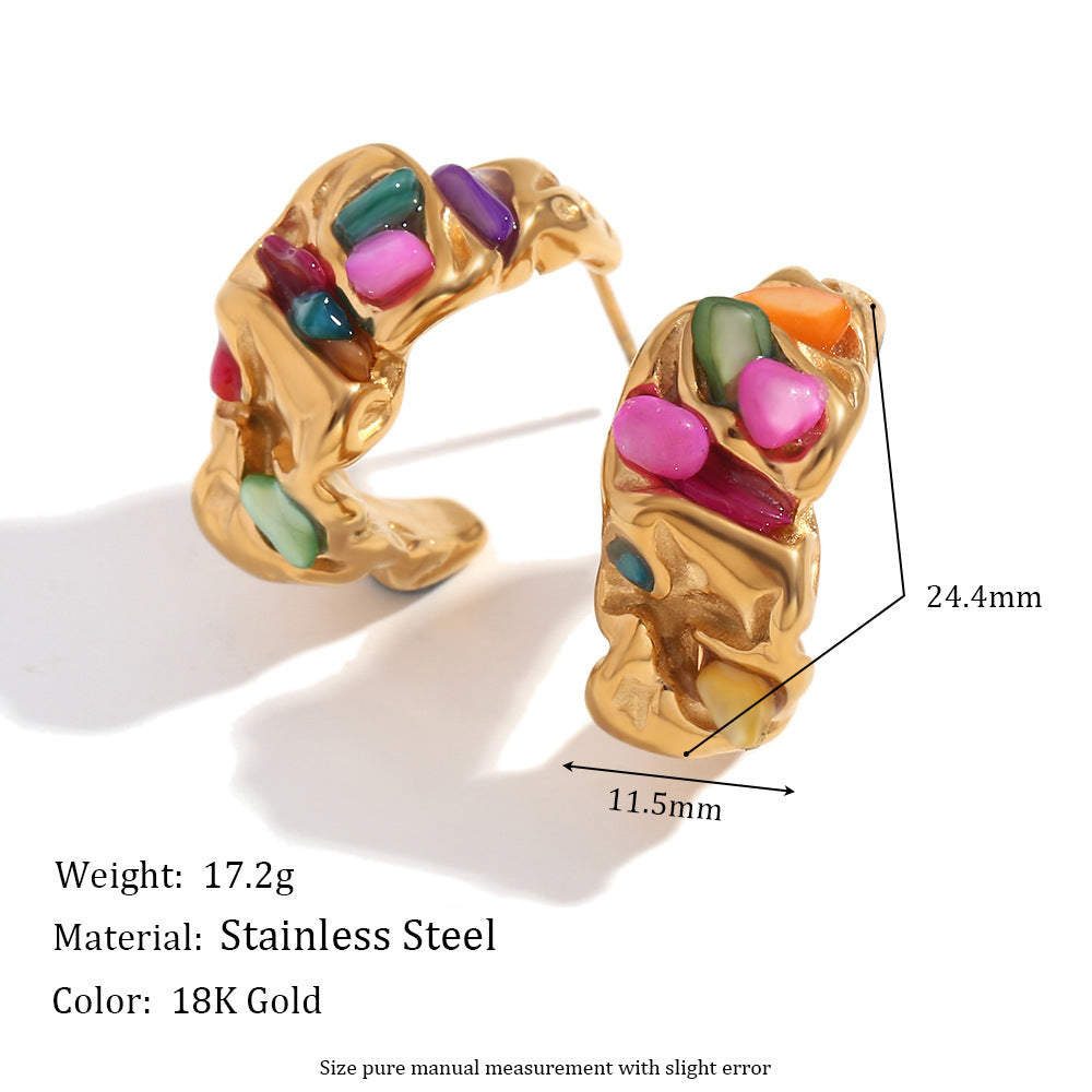 Geometric Irregular Fashion Earrings in Stainless Steel with 18K Gold Plating Featuring Spiral Seashell Design and Simulated Pearl Accents